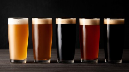 row of beer glasses with different shades from pale ale to dark stout