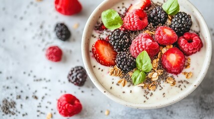 Fresh Yogurt Bowl with Berries and Basil Garnish on Marble Surface