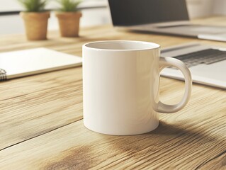 Cozy workspace scene featuring a ceramic mug and laptop on a wood surface