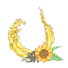 Composition of sunflowers, bouquet of flower, seeds,bud, leaves, oil splash, single isolated object. Hand drawn watercolor illustration. Summer yellow botany. Clip art for brand design, wrapping label