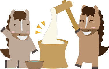 餅つきをしている干支の馬のイラスト素材