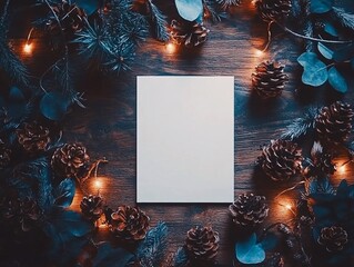 Festive Flat Lay Composition with Pine Cones, Lights, and Central Blank Card