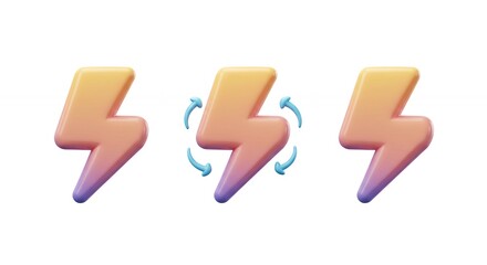 Three colorful rotating lightning bolt graphics
