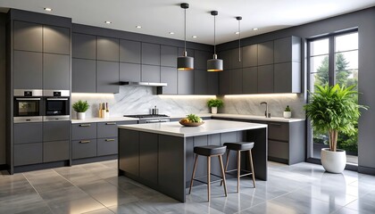 A modern kitchen featuring elegant gray cabinetry with a white island and marble backsplash