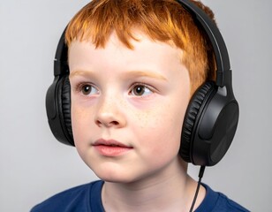 Close-up of a thoughtful young redhead boy with freckles wearing black headphones, listening intently against a plain background.