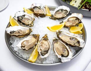 Fresh oysters on a bed of crushed ice with lemon wedges, a gourmet seafood delicacy served in a restaurant setting.