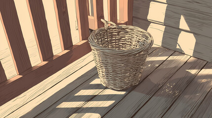 Empty wicker basket rolling on porch