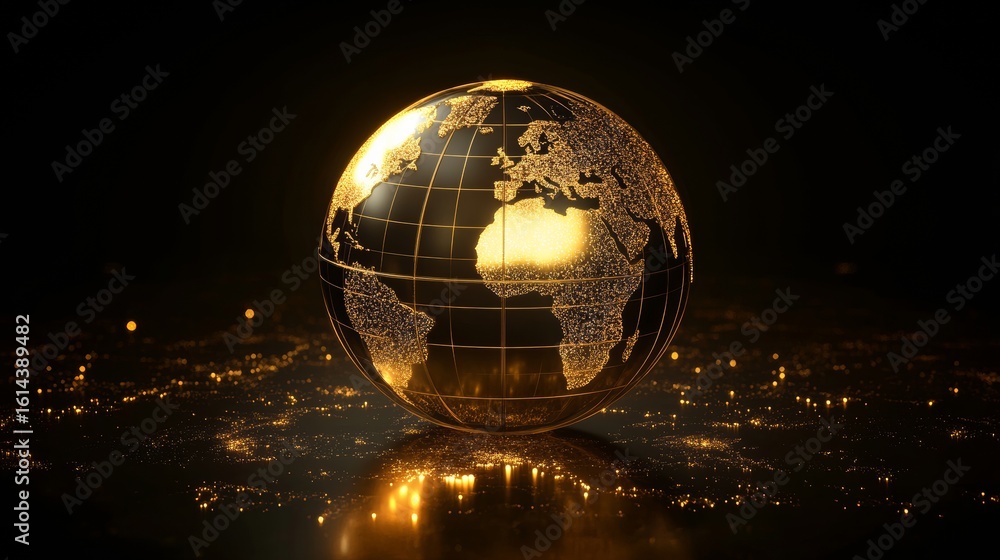 Poster abstract glowing digital planet earth with illuminated continents and golden wireframe grid, portray