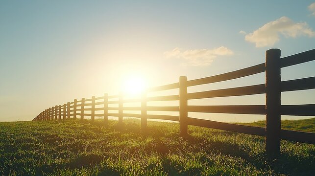 Wooden fence stretches across a sunny, grassy field at golden hour