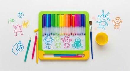 Children s drawing easel with colorful markers and art supplies