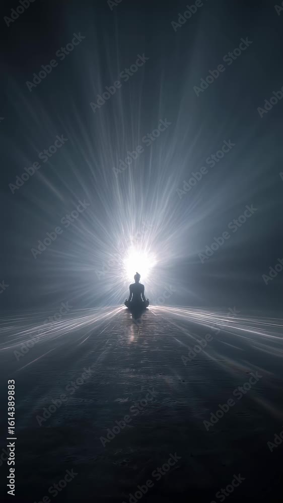 Poster radiant bubble of light bursting forth from a meditative figure symbolizing the connection between m