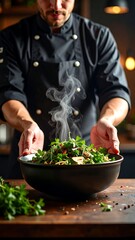 Chef presenting a steaming salad bowl