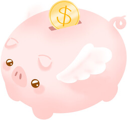 귀여운 돼지 캐릭터 저금통에 날개가 달려있고, 위에 뚫려있는 구멍으로 동전이 들어가려고 하고 있다. 일러스트.