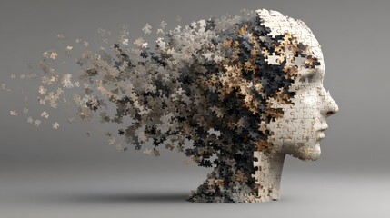 A woman's head made of puzzle pieces disintegrating, against gray. Use for memory loss, mental health, or cognitive decline concepts.
