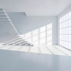 Obraz premium Modern, minimalist interior with white stairs and large window. Sunlight casts shadows