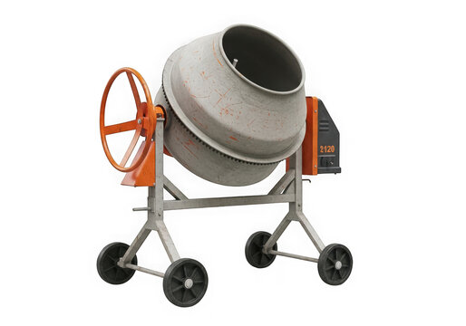 A portable cement mixer with a large drum and orange wheel isolated on white isolated on transparent background