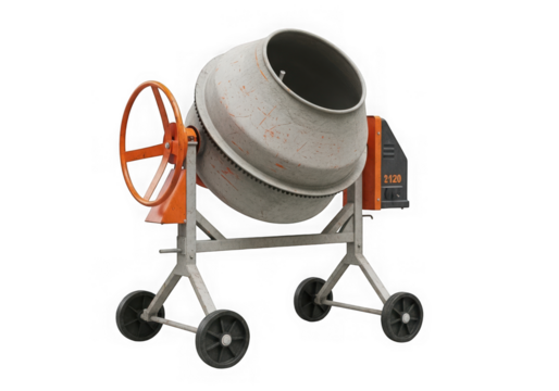 A portable cement mixer with a large drum and orange wheel isolated on white isolated on transparent background
