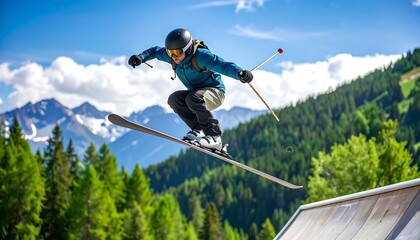 A skier skillfully performing a jump with scenic mountain views in the background