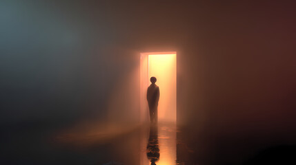 Fogged glass door with human silhouette just visible