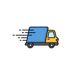 Fast delivery truck icon, speeding blue and yellow commercial vehicle, isolated on white background, representing quick transportation and logistics.