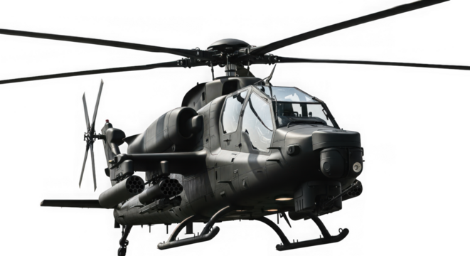 A modern military attack helicopter with rotors and weapons, isolated on a transparent background