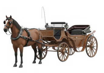 A brown horse pulling an antique wooden carriage with upholstered seats on a transparent background