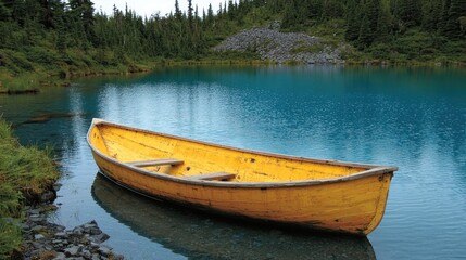 Obraz premium Yellow canoe rests beside turquoise lake, forest backdrop