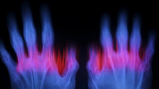Animated thermal wave moving across fingers demonstrating vascular spasms and reperfusion characteristic of Raynauds disease.