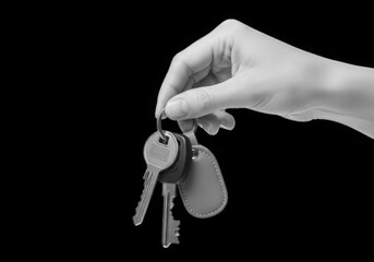 A hand holds a bunch of keys with a keychain against a black background