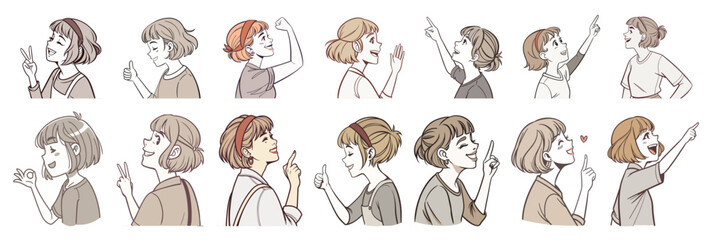 A horizontal set of 14 hand-drawn female profiles with varied hairstyles in soft tones, all gesturing upward or showing approval. Ideal for business, career blogs, websites, or presentations.