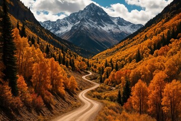 Winding road through autumn mountains.