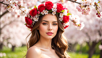 Naklejka premium A beautiful woman wearing a garland of cherry blossoms and roses on her head