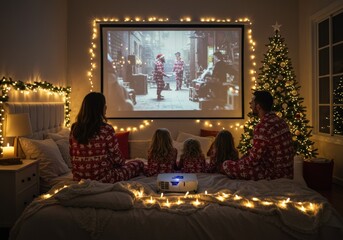 A family watches a Christmas movie on a projector screen while wearing pajamas on a cozy holiday night.