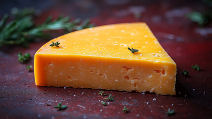Cheddar Cheese Wedge Placed on a Rustic Surface With Herbs in a Cozy Kitchen Setting