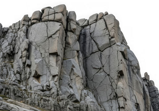 A dramatic closeup of a rugged mountain cliff face with intricate rock formations and deep fissures isolated on transparent background
