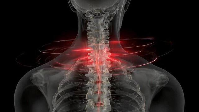 Crosssectional animation of lower spine demonstrating inflammation and red warning flashes in cauda equina nerve bundle.