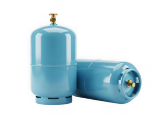 Two blue gas cylinders, one upright and one lying on its side isolated on transparent background