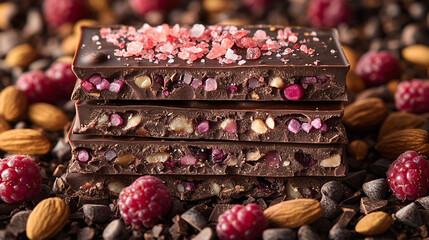 Dark chocolate bars with raspberries, almonds, and pink salt