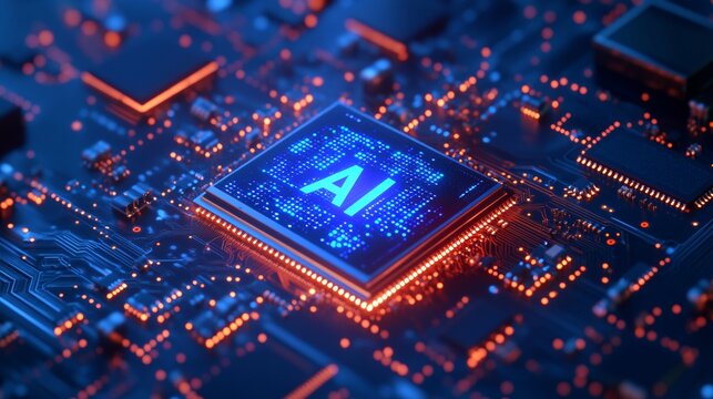 Futuristic AI microchip embedded in blue-toned motherboard with glowing circuits, representing intelligent computing systems, next-generation processors, neural networks, and digital transformation