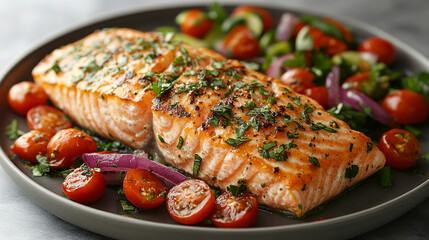 Delicious Baked Salmon with Salad on Grey Plate