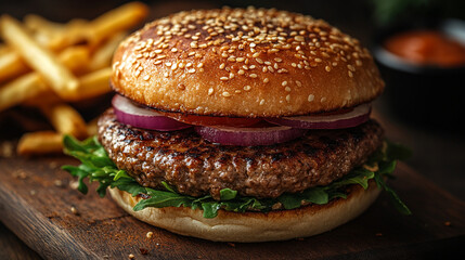 Delicious burger with fries on rustic wooden board