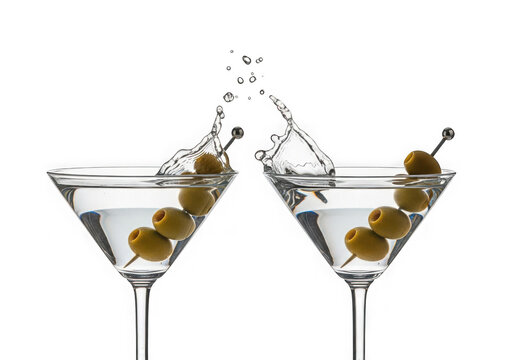 Two martini glasses with olives splash as they are raised for a toast isolated on transparent background