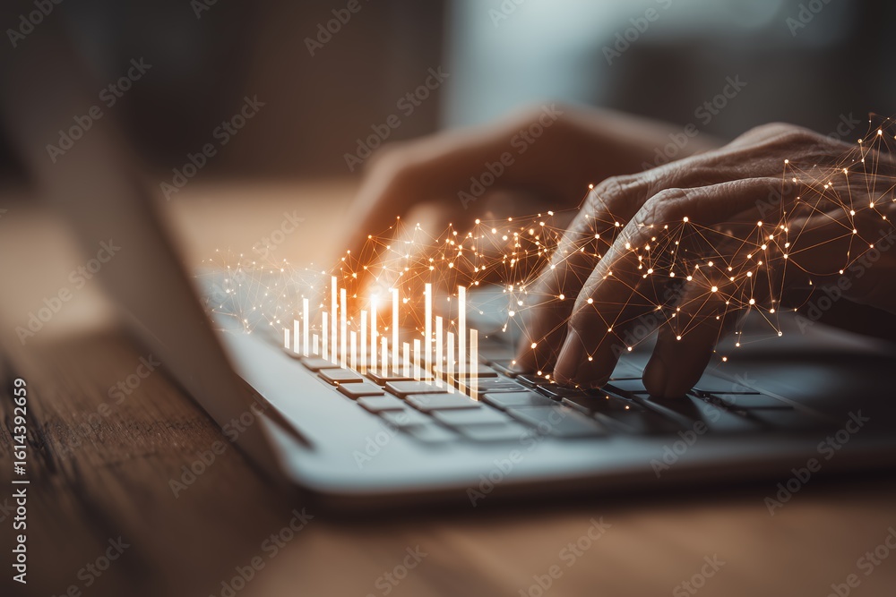 Poster close-up of hands typing on a laptop with glowing data visualization overlayed, concept for business