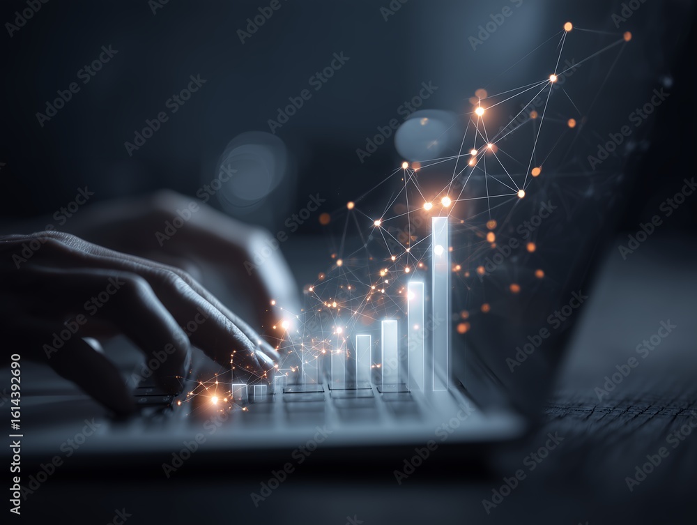 Aufkleber close-up of hands typing on a laptop keyboard with a digital graph overlay, concept for financial an