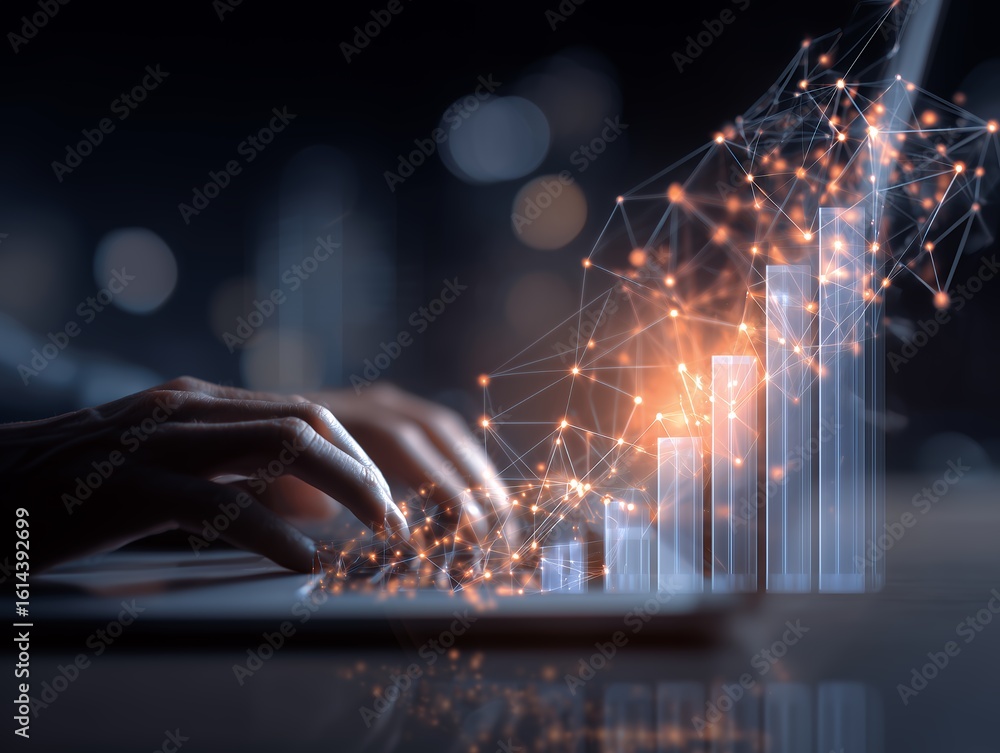 Poster close-up shot of a financial analyst typing on a keyboard with glowing chart data overlaid, concept 