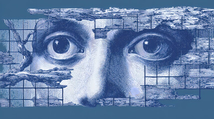 Floating eyes and mouth across broken rectangle grid