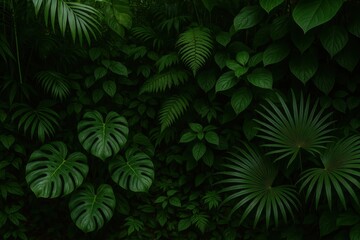 Fototapeta premium Lush tropical rainforest canopy with diverse green foliage creating natural organic background for environmental concepts