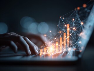 Close-up of hands typing on a laptop keyboard with an overlaid glowing graph and network, concept for business analytics, financial reporting and data visualization