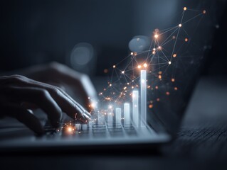 Close-up of hands typing on a laptop keyboard with a digital graph overlay, concept for financial analysis, data visualization and business intelligence