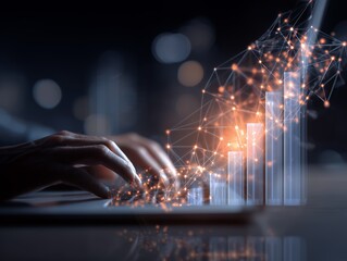 Close-up shot of a financial analyst typing on a keyboard with glowing chart data overlaid, concept for investment analysis, data visualization and stock market insights.